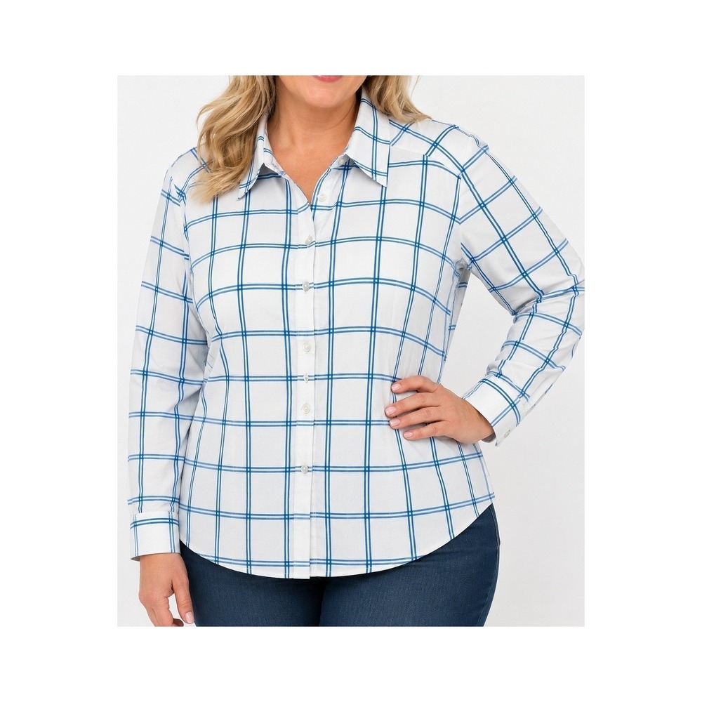 Jessica London Womens 28W Blue White Windowpane Plaid Button Down Shirt Stretch